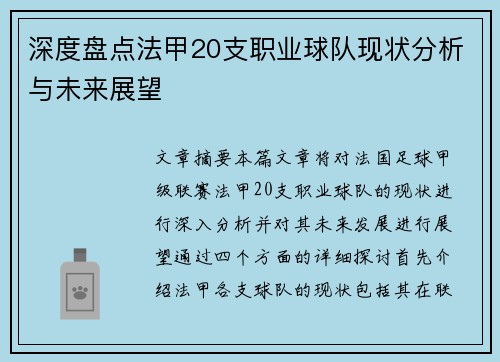 深度盘点法甲20支职业球队现状分析与未来展望