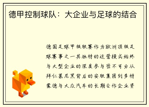德甲控制球队：大企业与足球的结合